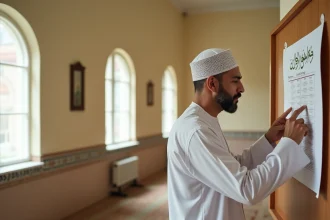 Homme consultant l'horaire de prière du Ramadan 2026 dans une mosquée d'Argenteuil