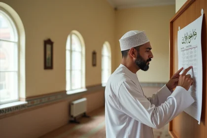 Homme consultant l'horaire de prière du Ramadan 2026 dans une mosquée d'Argenteuil