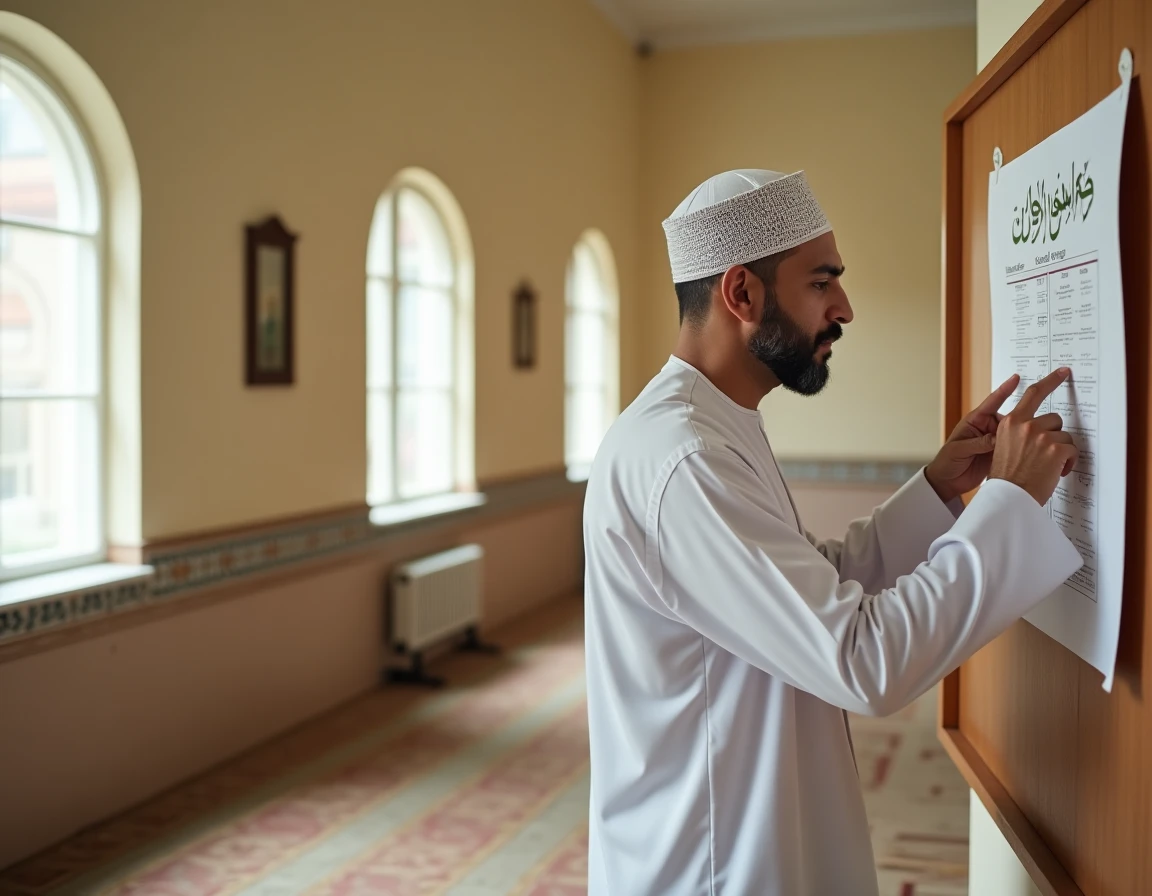 Homme consultant l'horaire de prière du Ramadan 2026 dans une mosquée d'Argenteuil