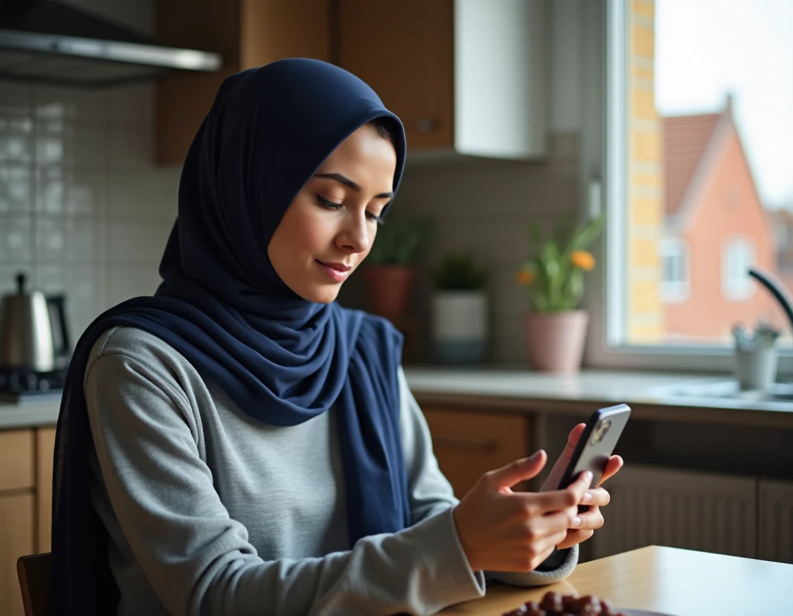 Femme musulmane vérifiant l'horaire de prière d'Argenteuil sur smartphone pendant le Ramadan