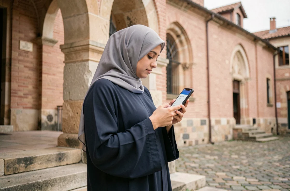 Femme musulmane consultant les horaires de prière sur smartphone devant une mosquée de Toulouse