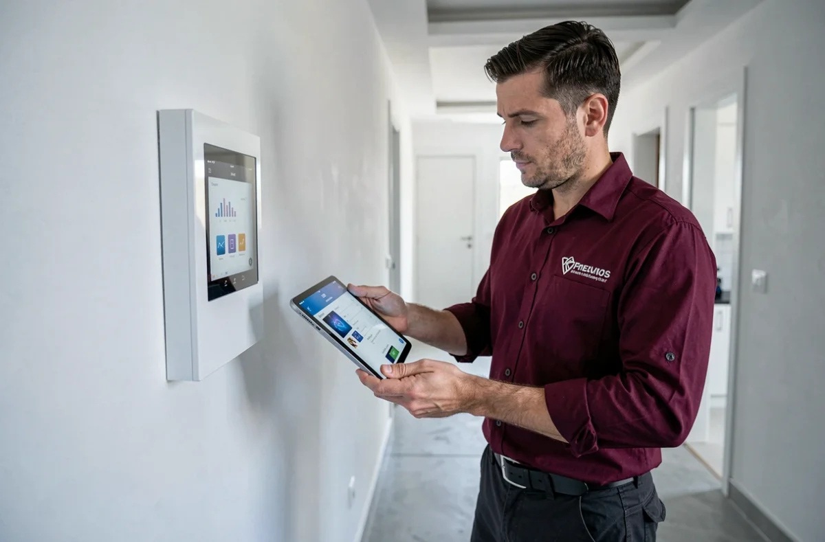 Technicien de ID Elec Normandie programmant un panneau domotique dans une maison neuve moderne dans le Calvados