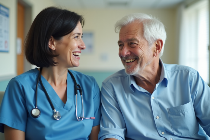infirmiere-souriante-hopital Infirmière souriante avec patient âgé dans un couloir d'hôpital