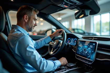 Ingénieur homme examinant un tableau de bord numérique dans une voiture moderne