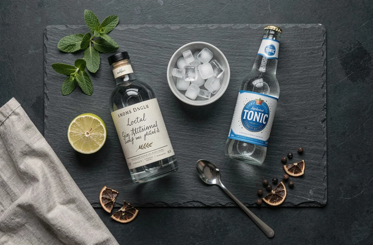 Vue de dessus des ingrédients pour cocktail gin citron vert maison avec bouteille de gin artisanal, citrons verts, menthe et glaçons sur ardoise
