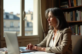 Ingrid Betancourt dans un appartement parisien, assise à son bureau avec des notes manuscrites et vue sur les toits haussmanniens