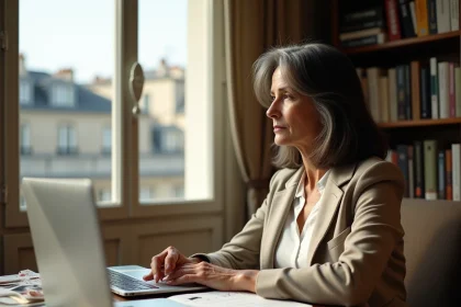Ingrid Betancourt dans un appartement parisien, assise à son bureau avec des notes manuscrites et vue sur les toits haussmanniens