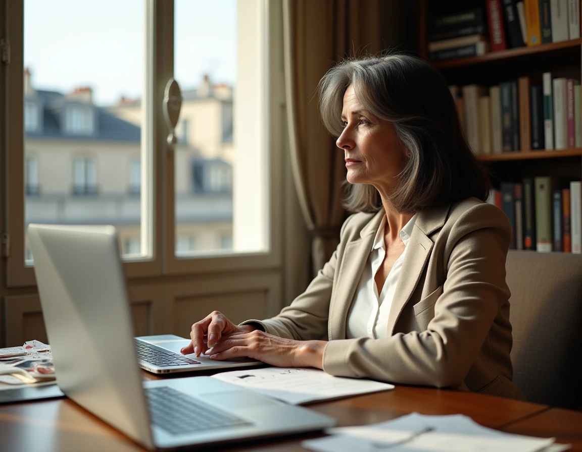 Ingrid Betancourt dans un appartement parisien, assise à son bureau avec des notes manuscrites et vue sur les toits haussmanniens
