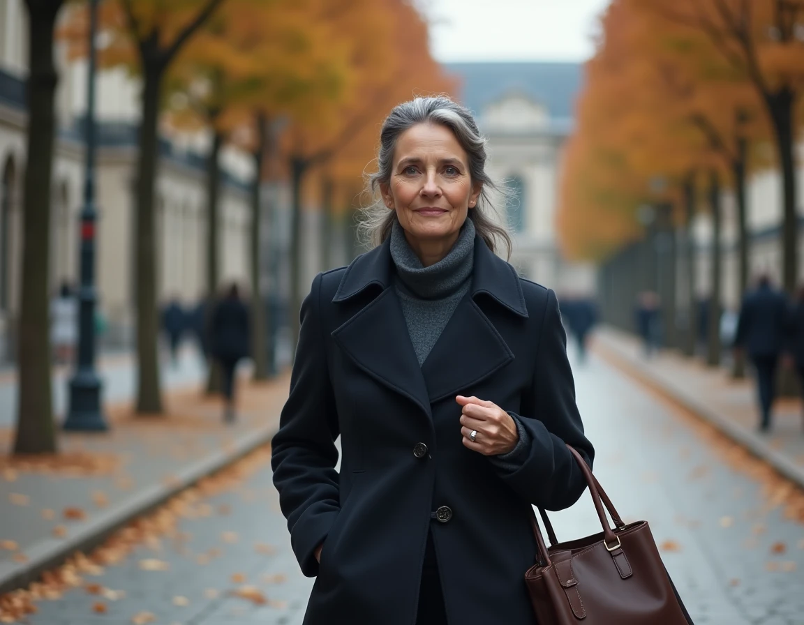 Femme élégante marchant dans une avenue européenne aux allures diplomatiques en automne, évoquant le parcours d'Ingrid Betancourt entre capitales