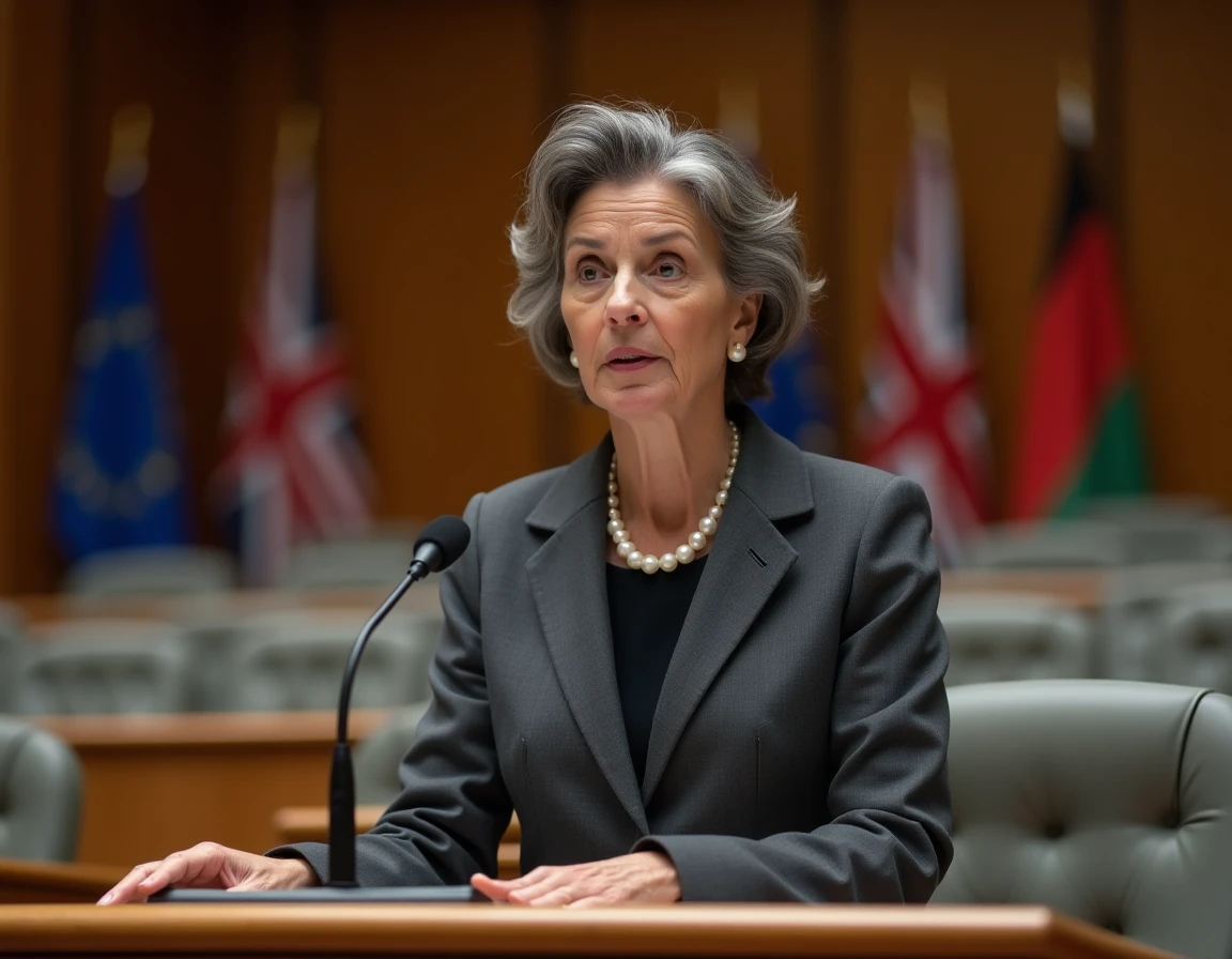 Femme prenant la parole dans une salle de conférence institutionnelle européenne devant un pupitre officiel, symbole de l'engagement politique d'Ingrid Betancourt