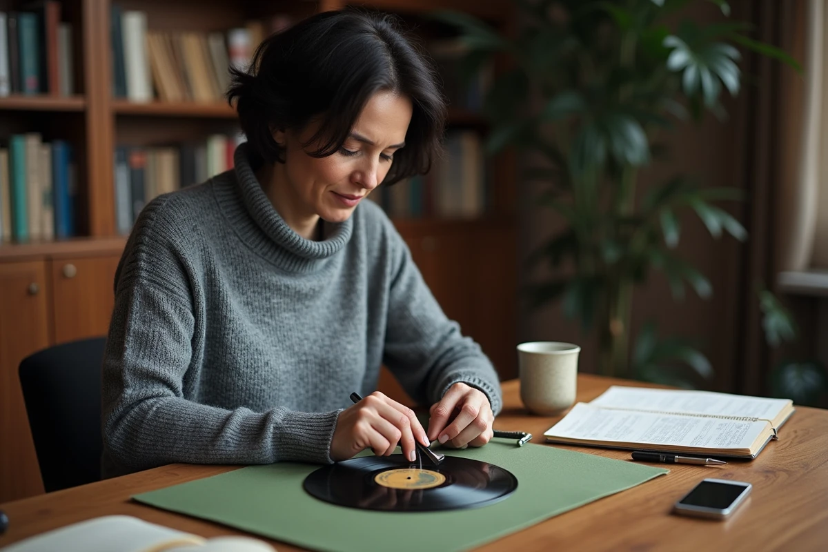 Femme inspectant les détails d'un 78 tours rare à la loupe sur un bureau de collection à domicile
