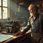 Inventeur francais des annees 70 dans un atelier avec prototype moteur