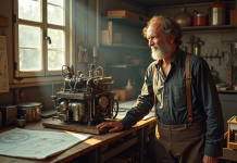 Inventeur francais des annees 70 dans un atelier avec prototype moteur