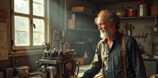 Inventeur francais des annees 70 dans un atelier avec prototype moteur