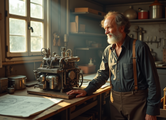 Inventeur moteur à eau en France : histoire, origine et impact Inventeur francais des annees 70 dans un atelier avec prototype moteur