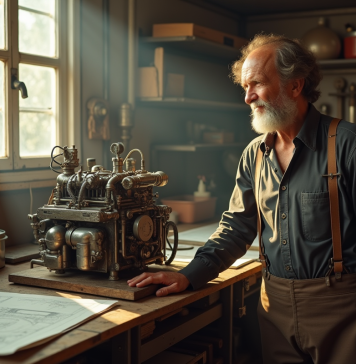 Inventeur francais des annees 70 dans un atelier avec prototype moteur