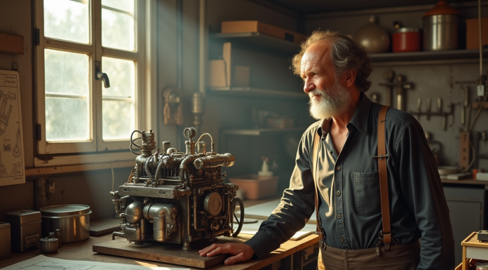 Inventeur francais des annees 70 dans un atelier avec prototype moteur
