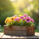 Balcon avec jardiniere en bois remplie de fleurs colorées en plein matin