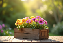 Balcon avec jardiniere en bois remplie de fleurs colorées en plein matin
