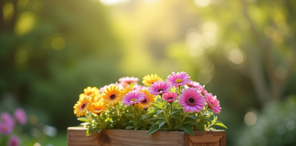 Balcon avec jardiniere en bois remplie de fleurs colorées en plein matin