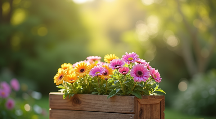 Balcon avec jardiniere en bois remplie de fleurs colorées en plein matin