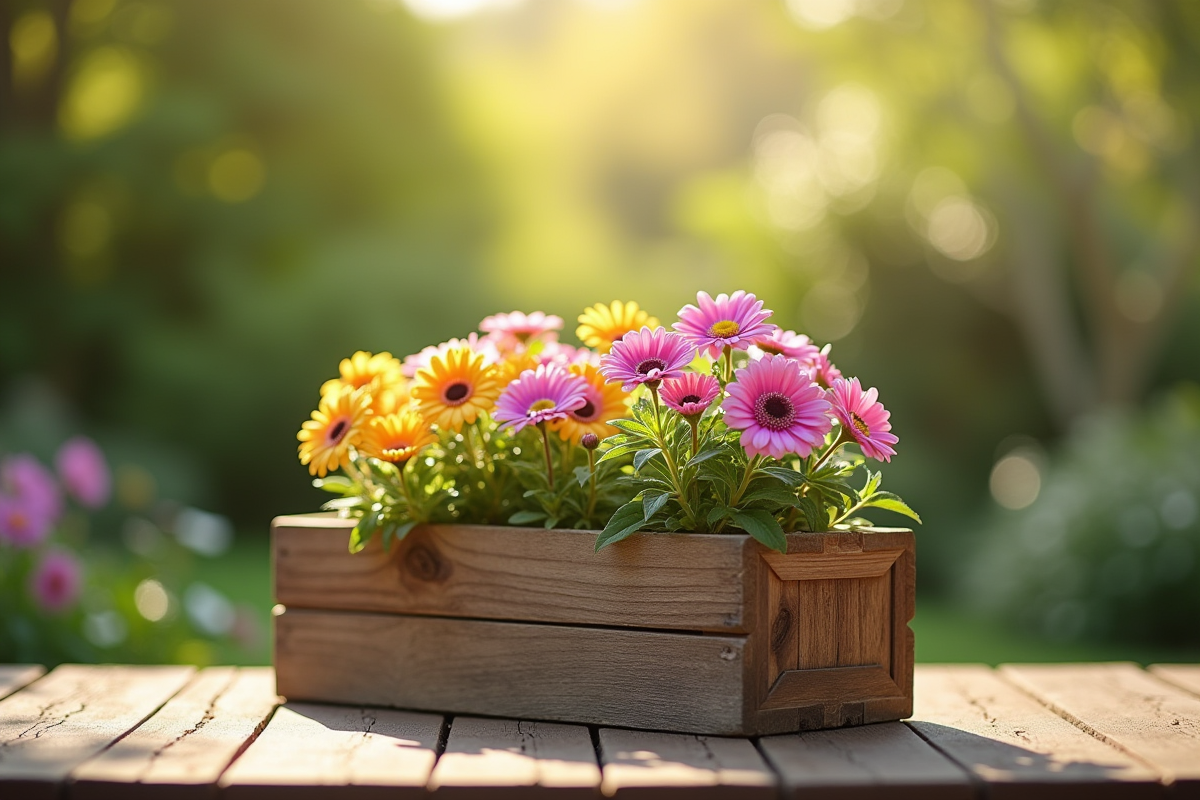 Balcon avec jardiniere en bois remplie de fleurs colorées en plein matin
