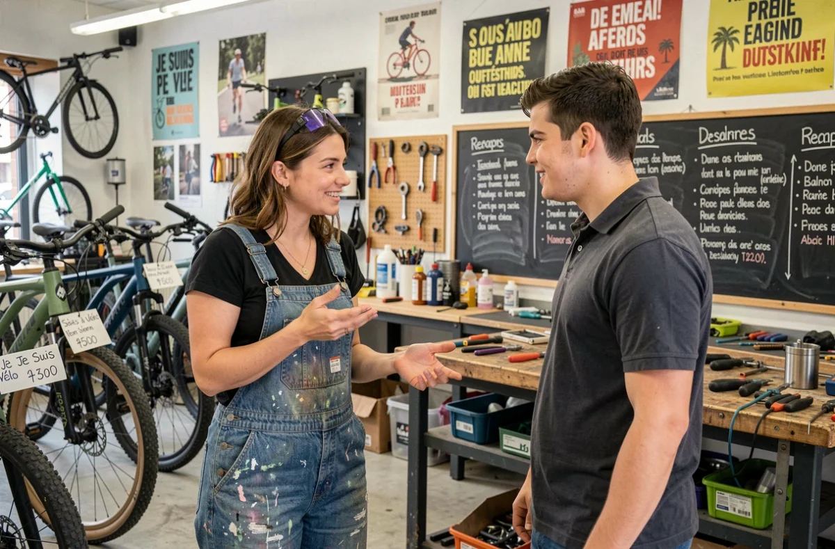Atelier coopératif Je Suis à Vélo à Paris, avec une mécanicienne expliquant la réparation d'un vélo électrique à un client dans un espace communautaire