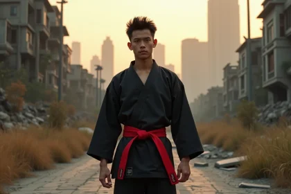 Jeune homme en gi noir dans une ville futuriste en ruines