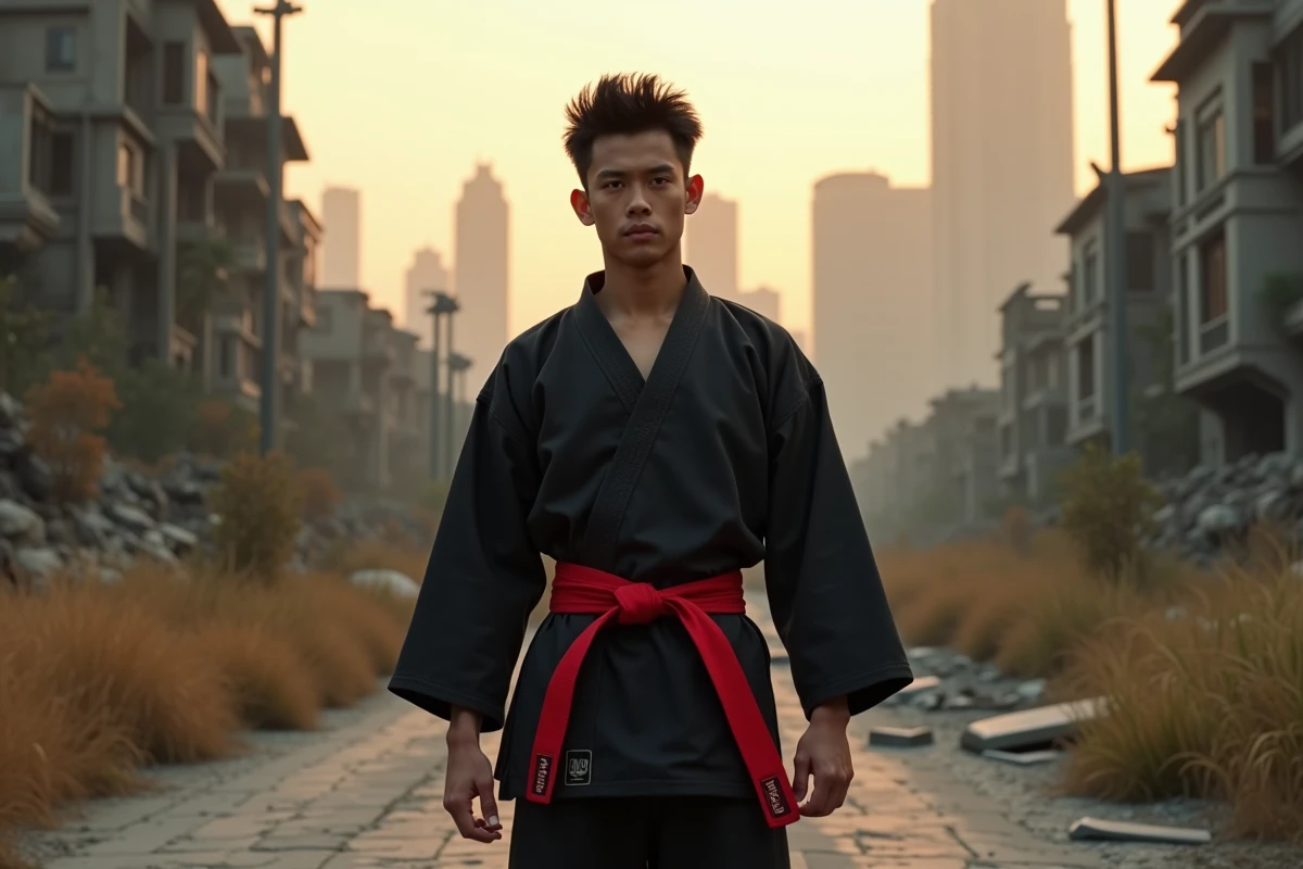 Jeune homme en gi noir dans une ville futuriste en ruines