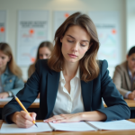 Jeune enseignante concentrée en formation pédagogique