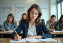Jeune enseignante concentrée en formation pédagogique