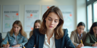 Jeune enseignante concentrée en formation pédagogique
