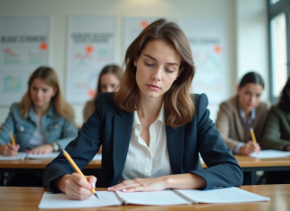 Jeune enseignante concentrée en formation pédagogique