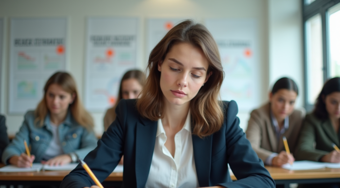 Jeune enseignante concentrée en formation pédagogique