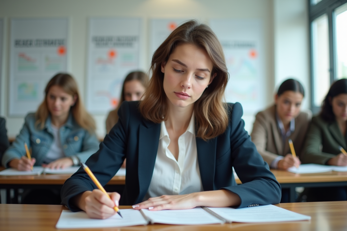 Jeune enseignante concentrée en formation pédagogique