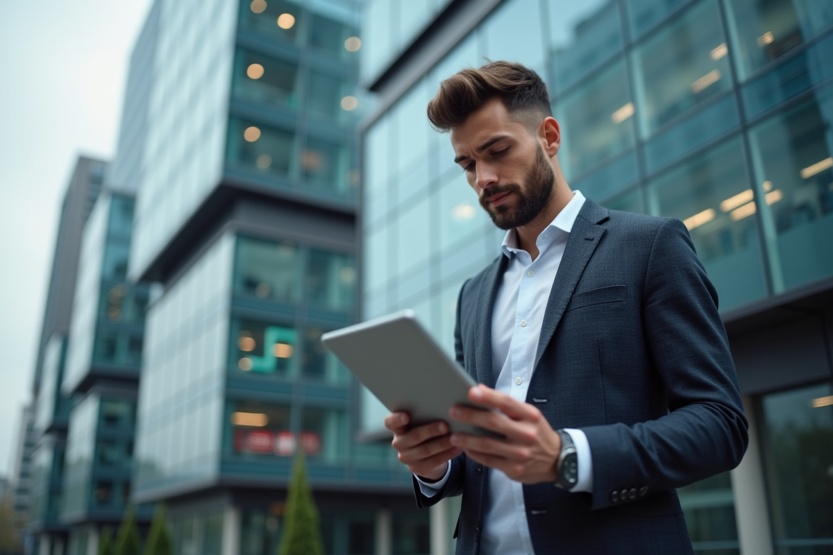 Jeune entrepreneur regardant une tablette en extérieur