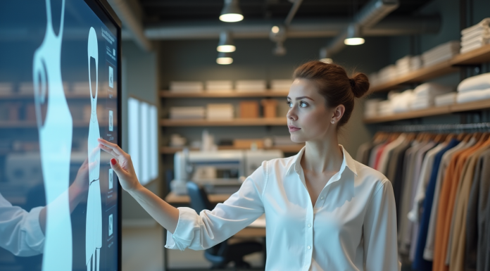 Jeune femme examine des patrons numériques dans un studio moderne