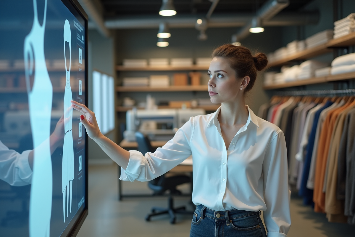 Jeune femme examine des patrons numériques dans un studio moderne