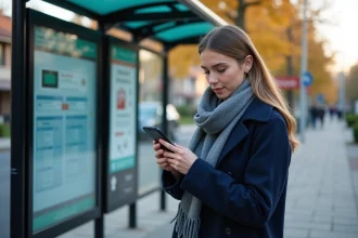 Jeune femme vérifiant son téléphone à un arrêt de bus