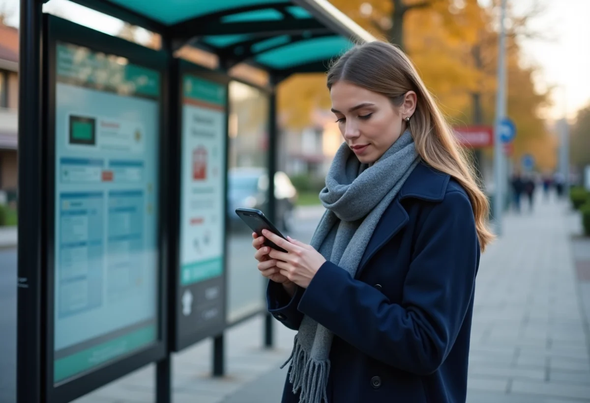Jeune femme vérifiant son téléphone à un arrêt de bus