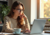 Jeune femme au bureau lumineux avec ordinateur et café