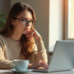 Jeune femme au bureau lumineux avec ordinateur et café