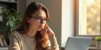 Jeune femme au bureau lumineux avec ordinateur et café