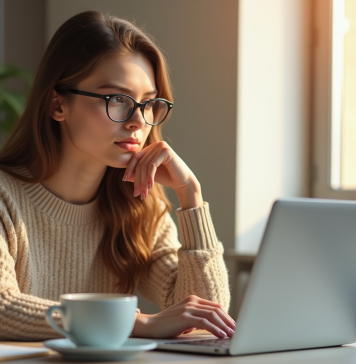 Jeune femme au bureau lumineux avec ordinateur et café