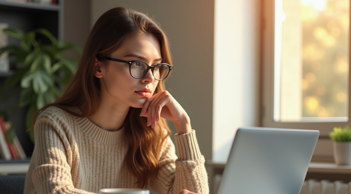 Jeune femme au bureau lumineux avec ordinateur et café