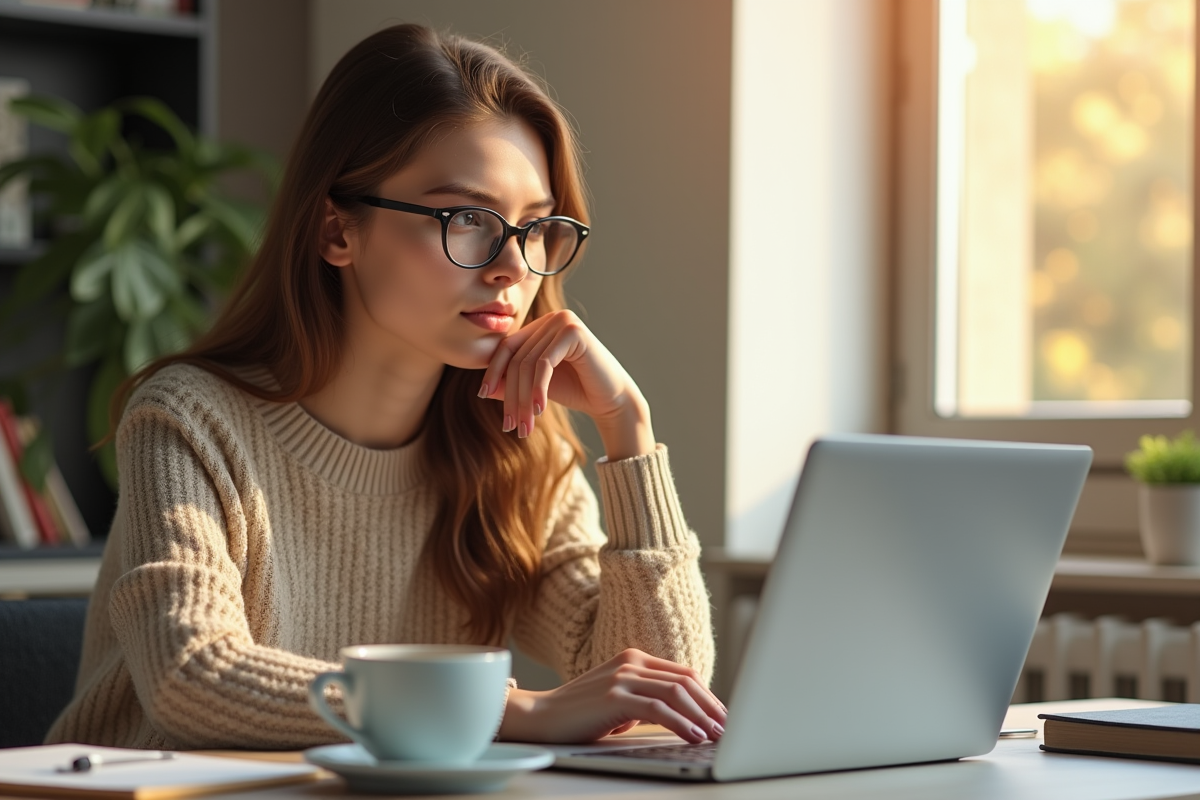 Jeune femme au bureau lumineux avec ordinateur et café