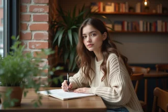 Jeune femme écrivant une lettre dans un café cosy