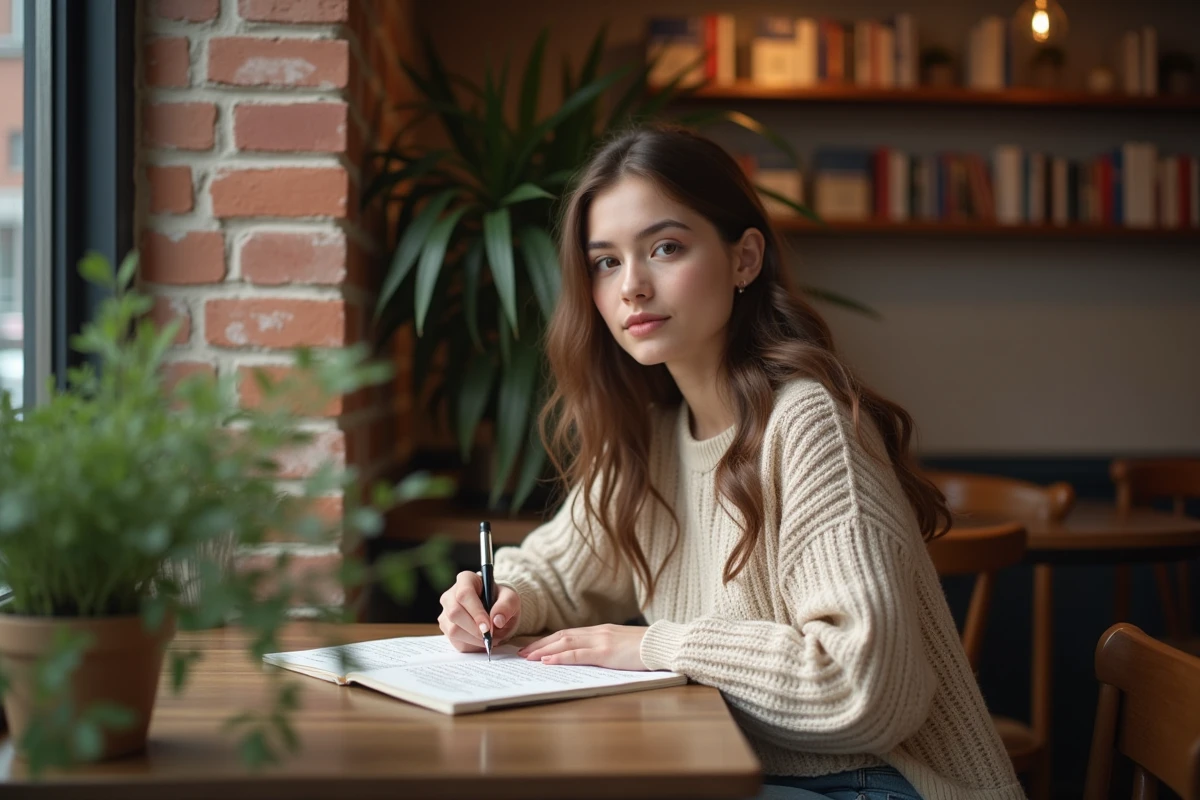 Jeune femme écrivant une lettre dans un café cosy