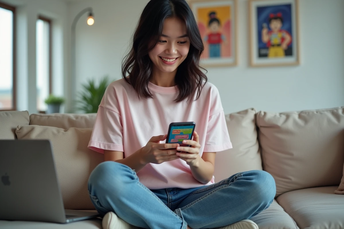 Jeune femme consultant des codes Roblox pour un événement anime sur son smartphone dans un salon moderne
