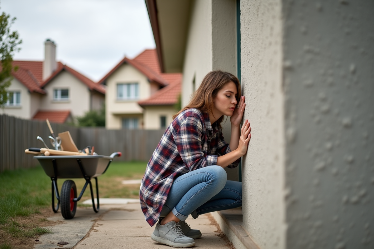 Jeune femme regardant le crépi de la maison de près